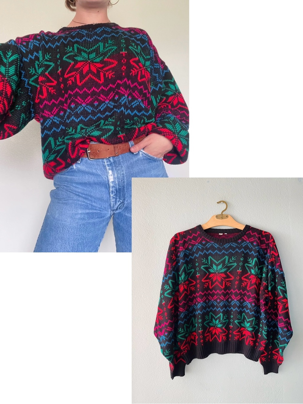 Vintage | 80s Neon Snowflake Acrylic Knit Pullover Crew Neck Sweater
